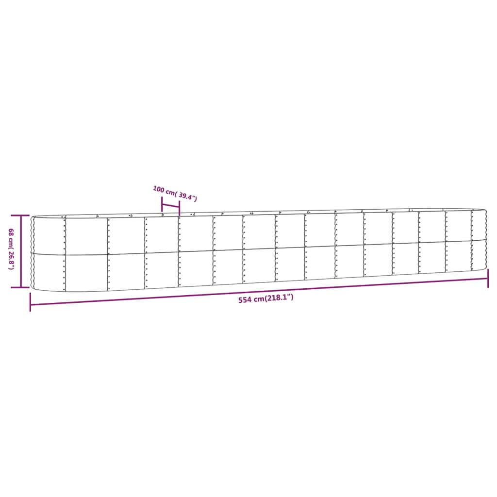 plantekasse 554x100x68 cm pulverlakeret stål sølvfarvet