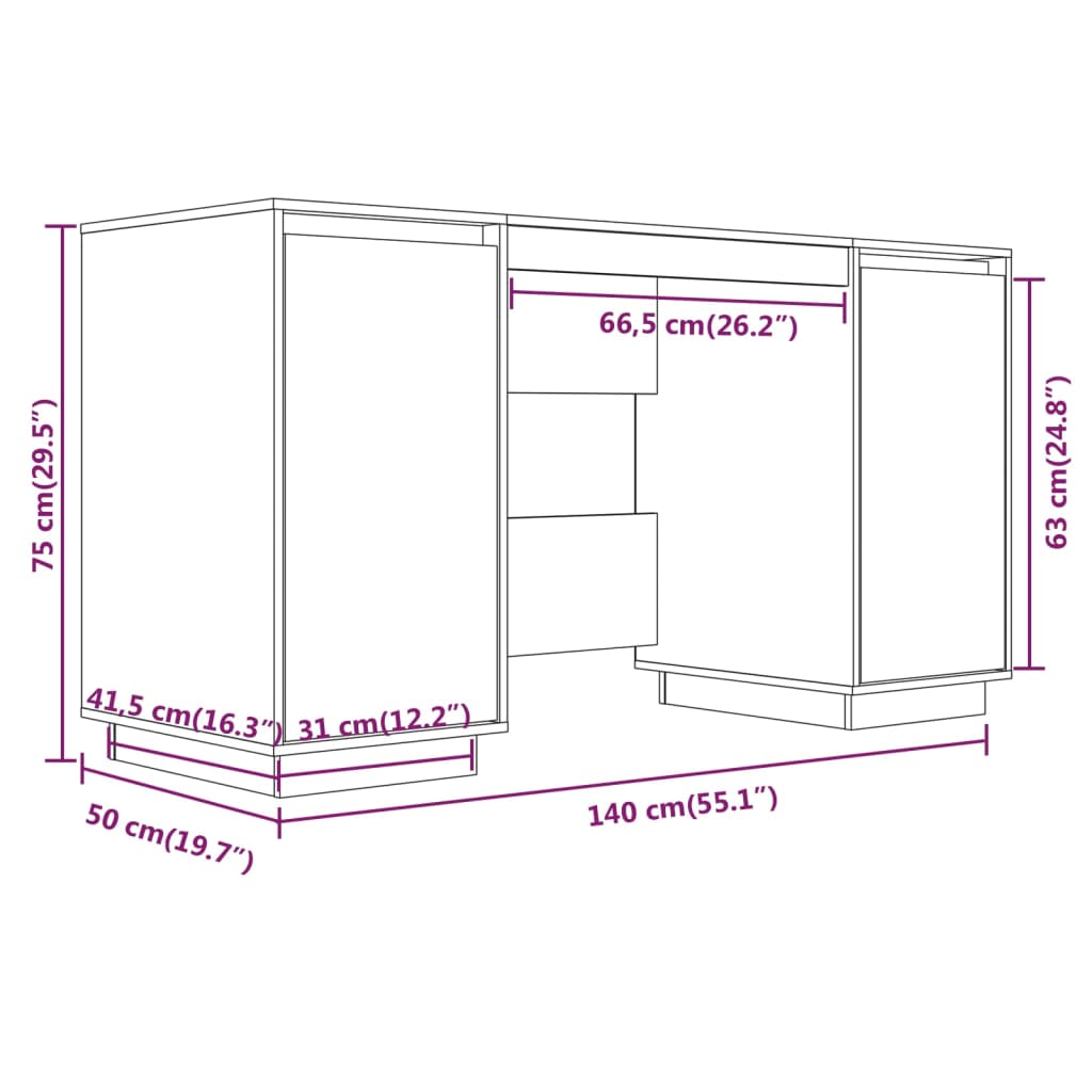 skrivebord 140x50x75 cm massivt fyrretræ