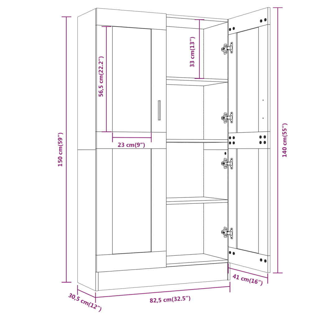 vitrineskab 82,5x30,5x150 cm konstrueret træ røget egetræ