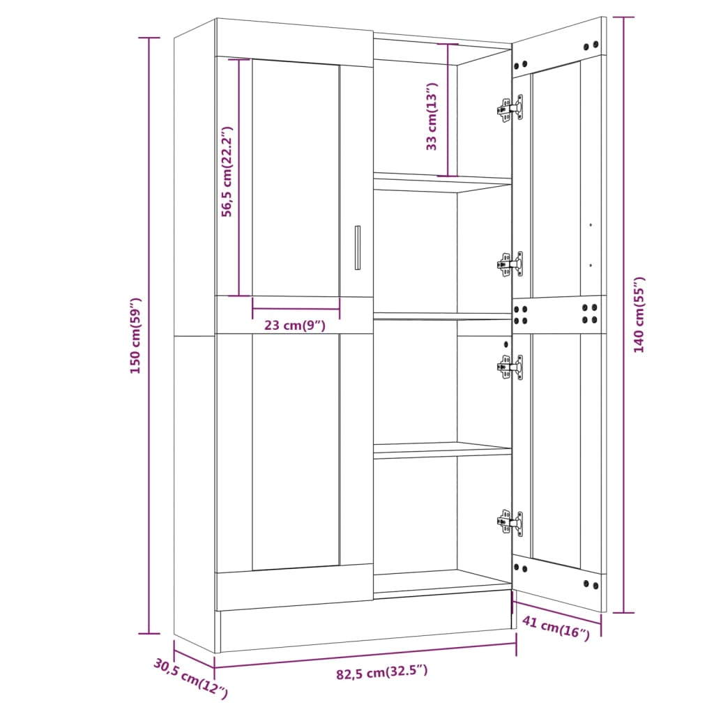 vitrineskab 82,5x30,5x150 cm konstrueret træ brun egetræsfarve