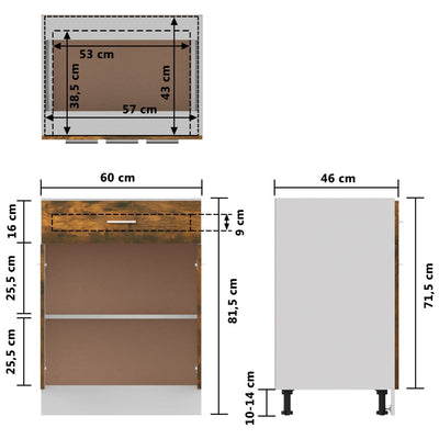 køkkenskab m. skuffe 60x46x81,5 cm konstrueret træ røget egetræ