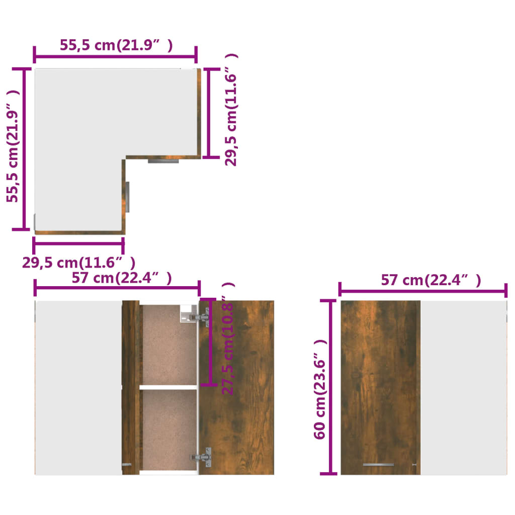 væghængt hjørneskab 57x57x60 cm konstrueret træ røget egetræ