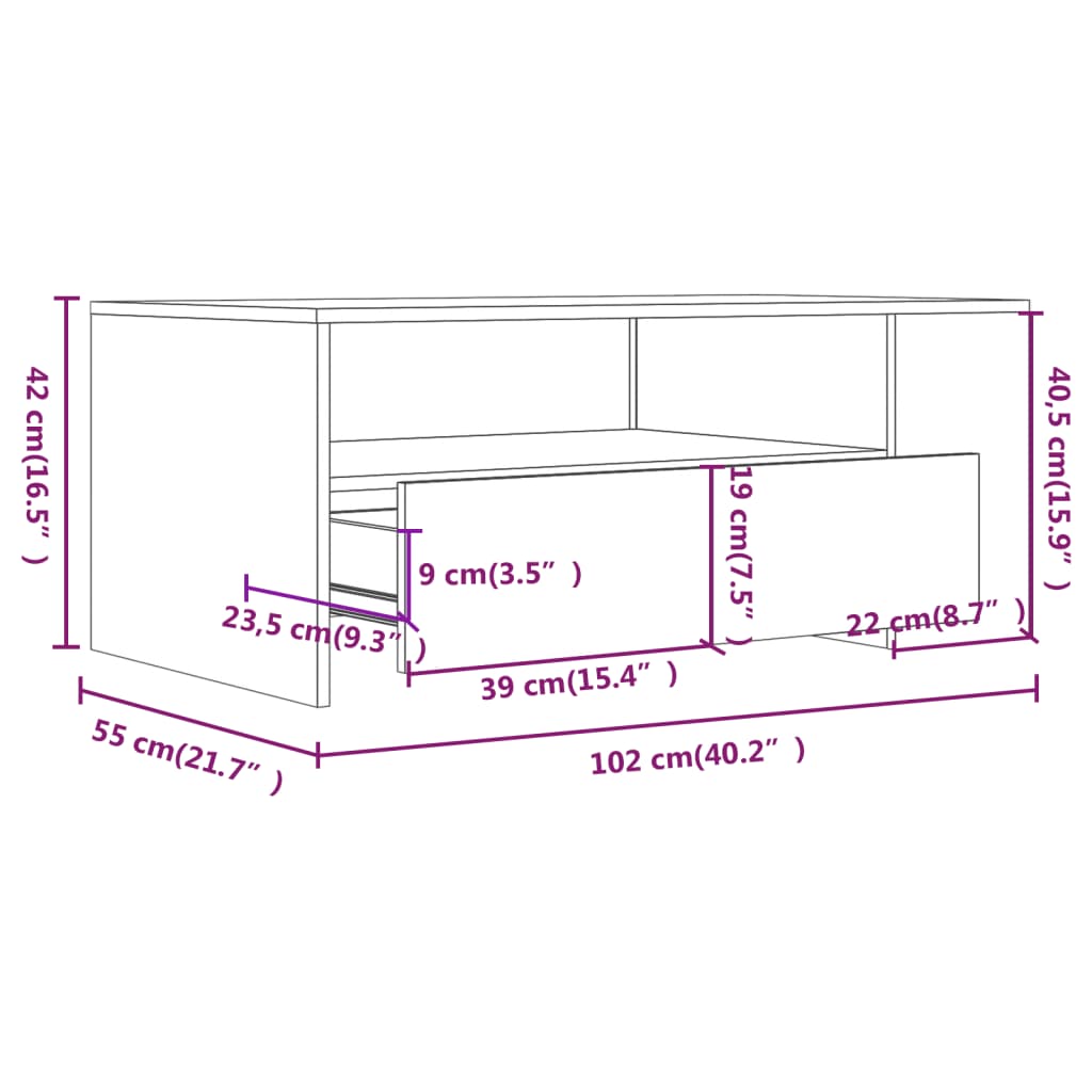 sofabord 102x55x42 cm konstrueret træ hvid