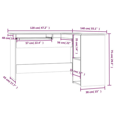 hjørneskrivebord 120x140x75 cm konstrueret træ røget egetræ