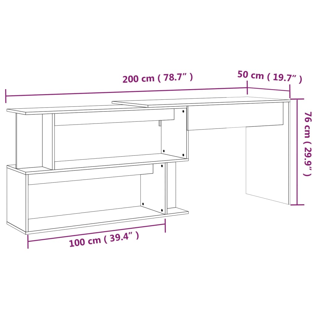 hjørneskrivebord 200x50x76 cm konstrueret træ røget egetræ