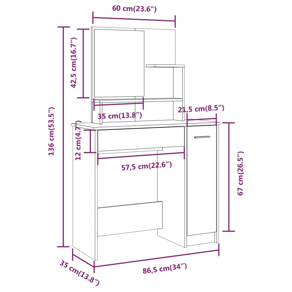 makeupbord med spejl 86,5x35x136 cm hvid