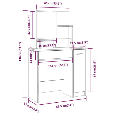 makeupbord med spejl 86,5x35x136 cm hvid