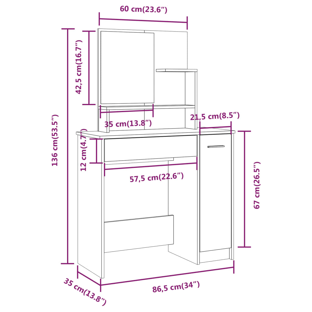 makeupbord med spejl 86,5x35x136 cm sonoma-eg