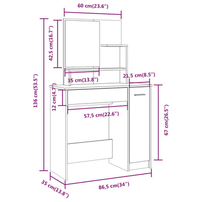 makeupbord med spejl 86,5x35x136 cm sonoma-eg