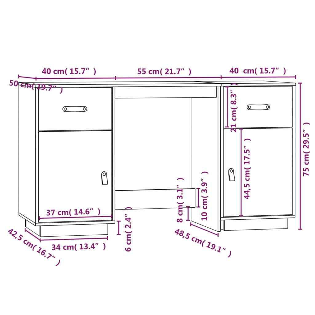 skrivebord med skabe 135x50x75 cm massivt fyrretræ hvid