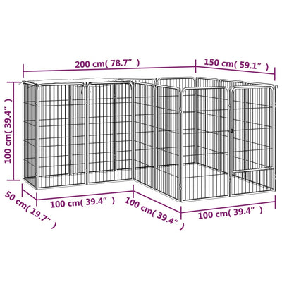 14-panels hundegård 50x100 cm pulverlakeret stål sort