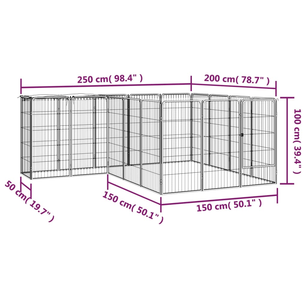 18-panels hundegård 50x100 cm pulverlakeret stål sort