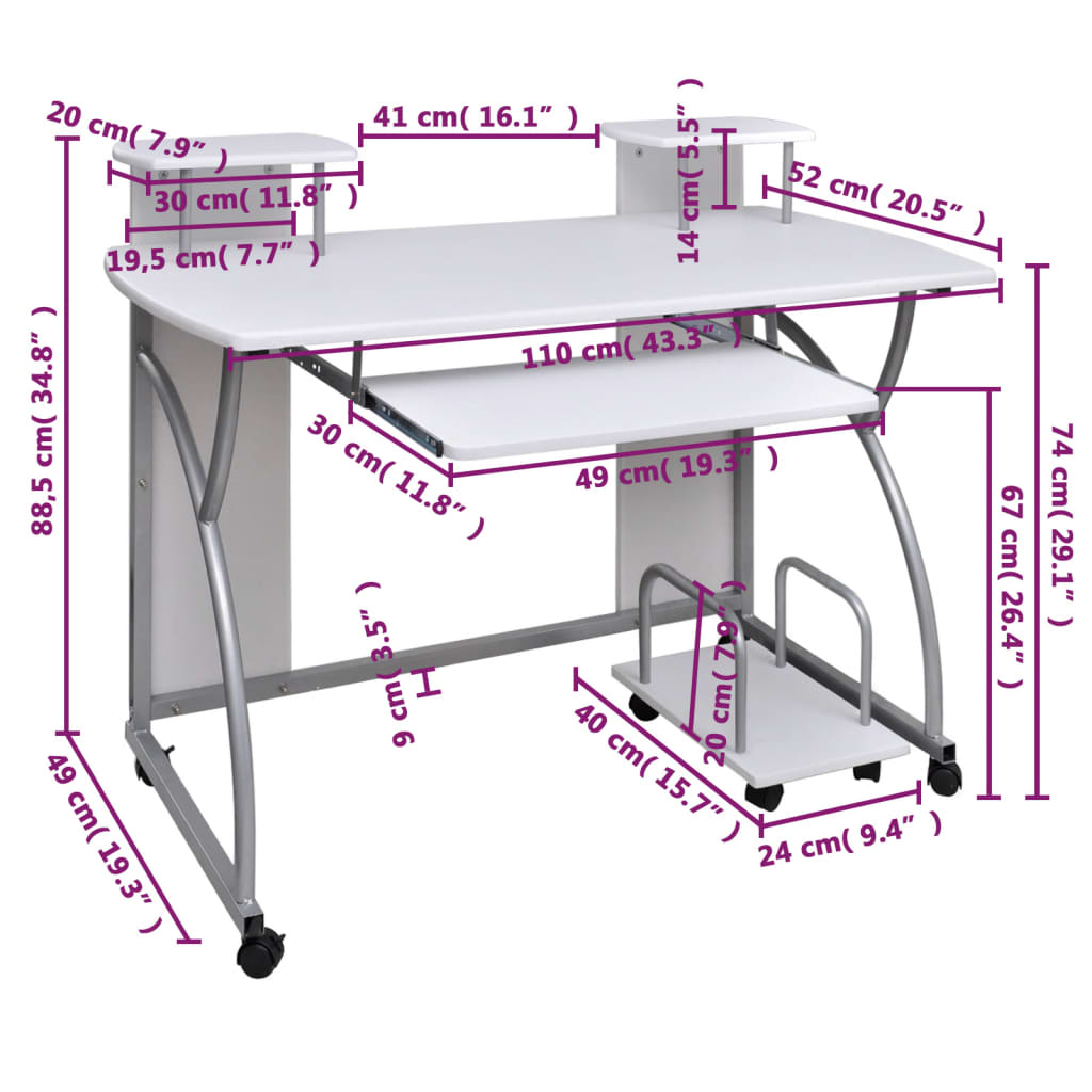 computerbord 110x52x88,5 cm konstrueret træ hvid