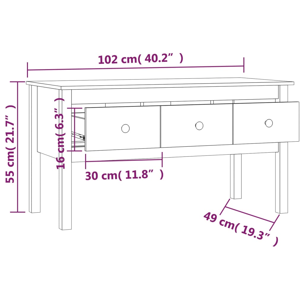 sofabord 102x49x55 cm massivt fyrretræ gyldenbrun