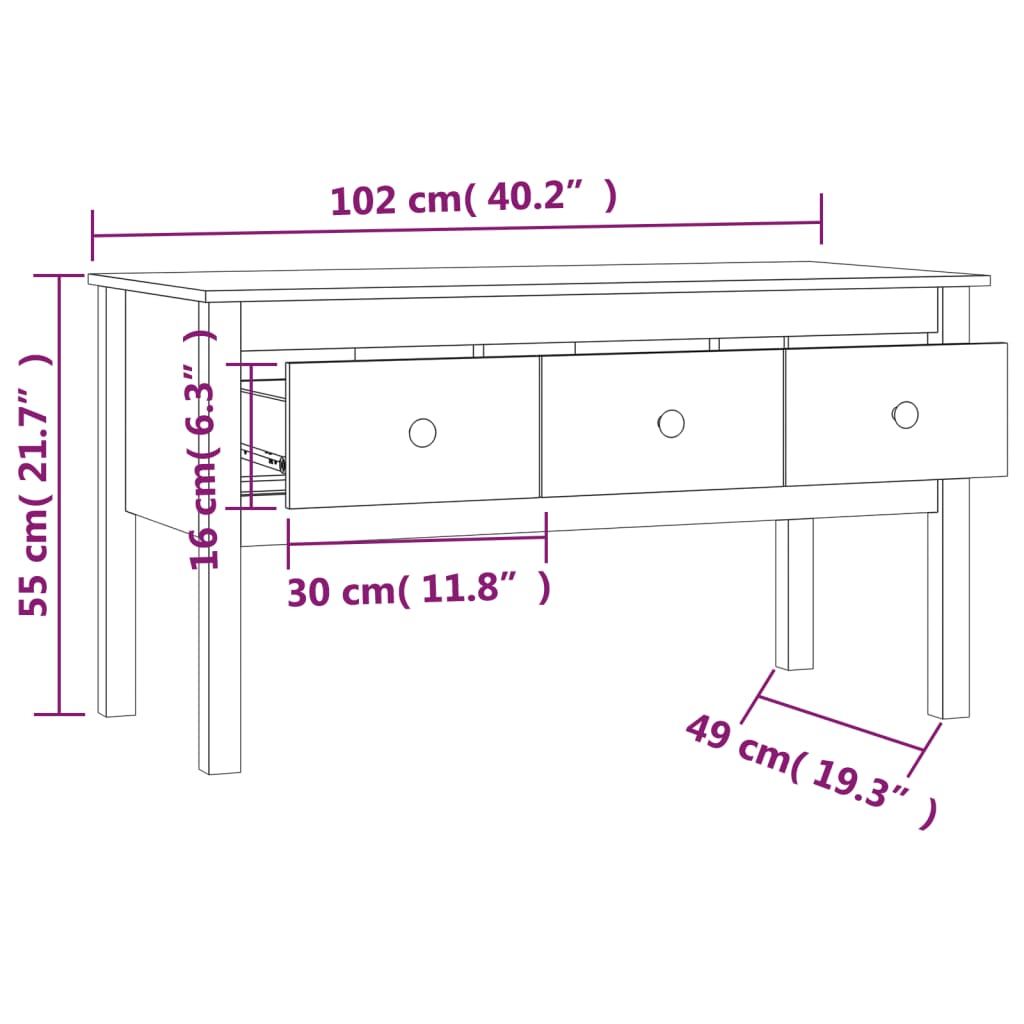 sofabord 102x49x55 cm massivt fyrretræ sort