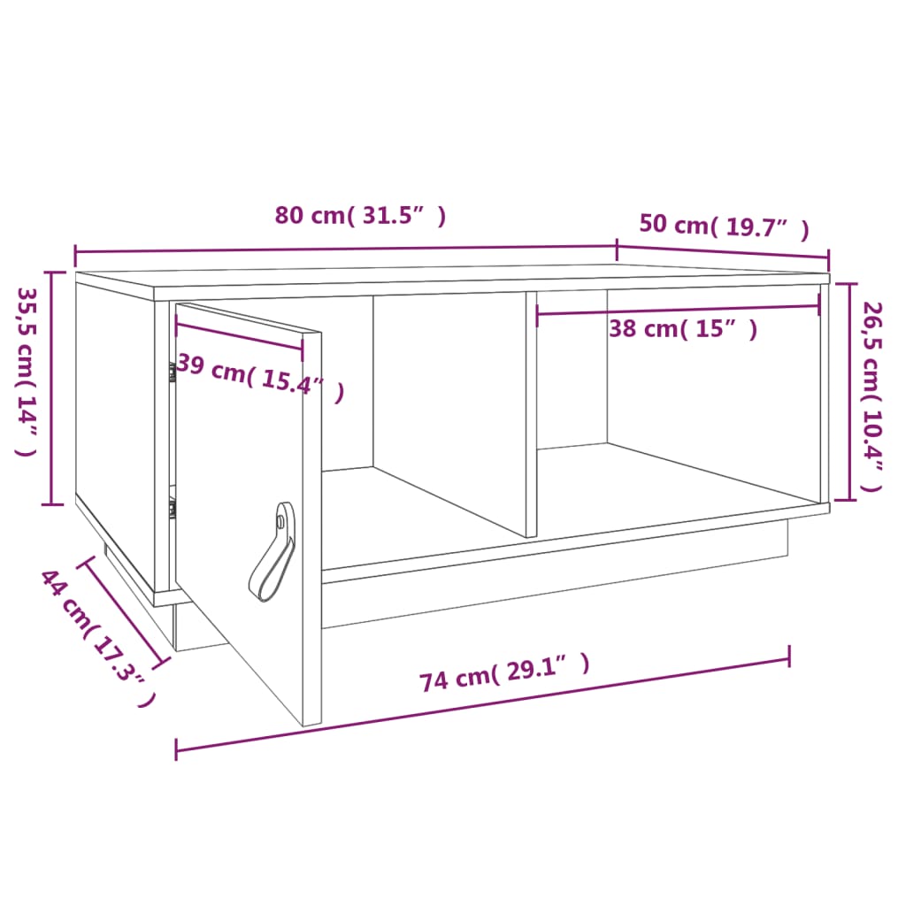 sofabord 80x50x35,5 cm massivt fyrretræ hvid