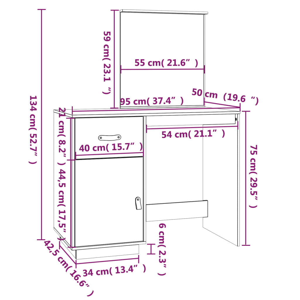 makeupbord 95x50x134 cm massivt fyrretræ gyldenbrun