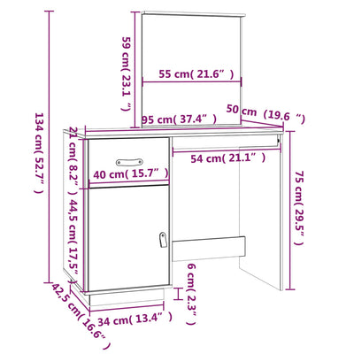 makeupbord 95x50x134 cm massivt fyrretræ sort