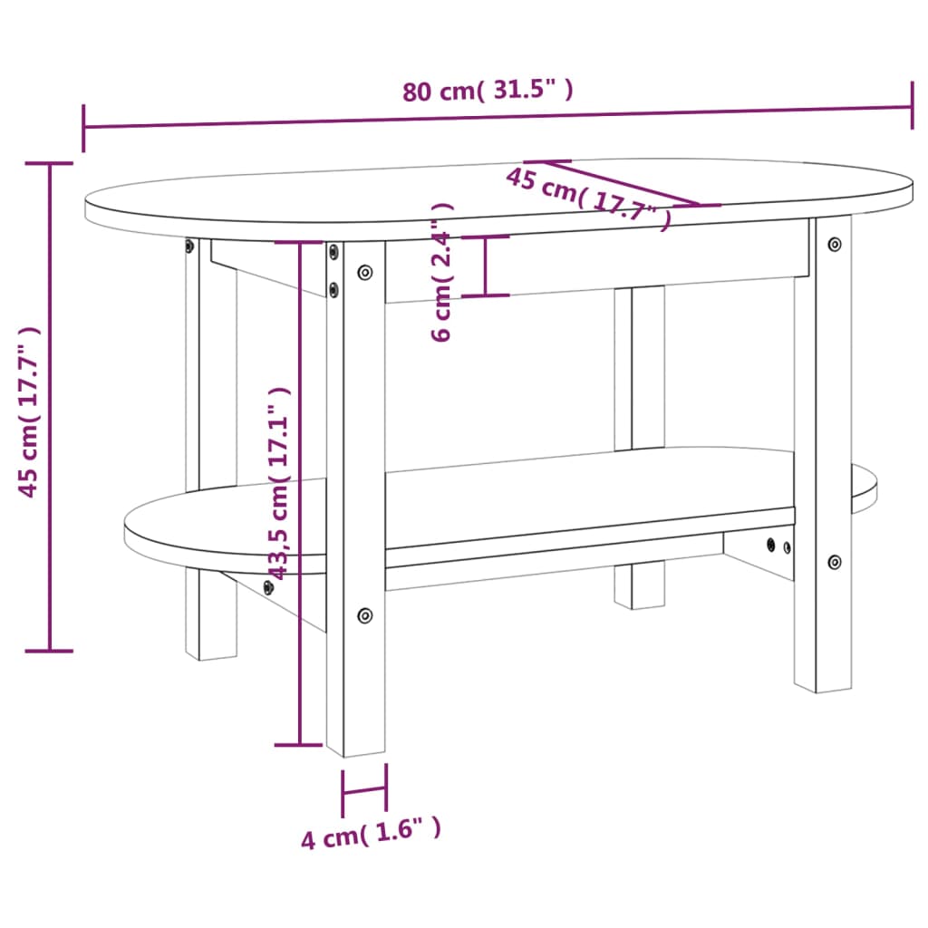 sofabord 80x45x45 cm massivt fyrretræ hvid