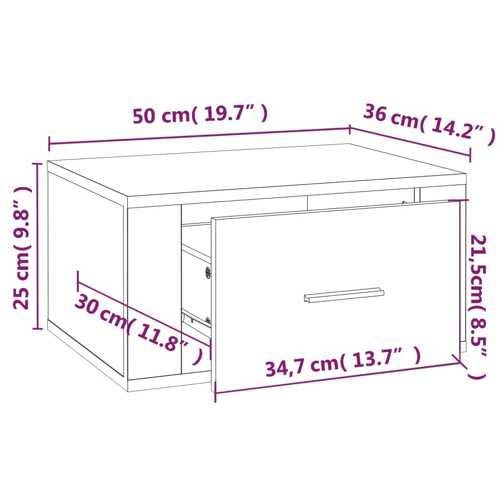 væghængt sengebord 50x36x25 cm hvid