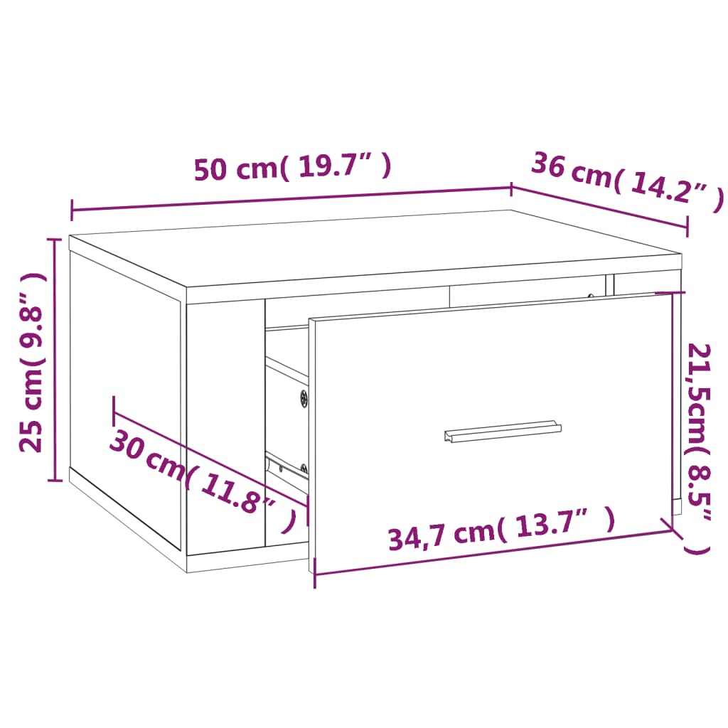 væghængt sengebord 50x36x25 cm hvid højglans