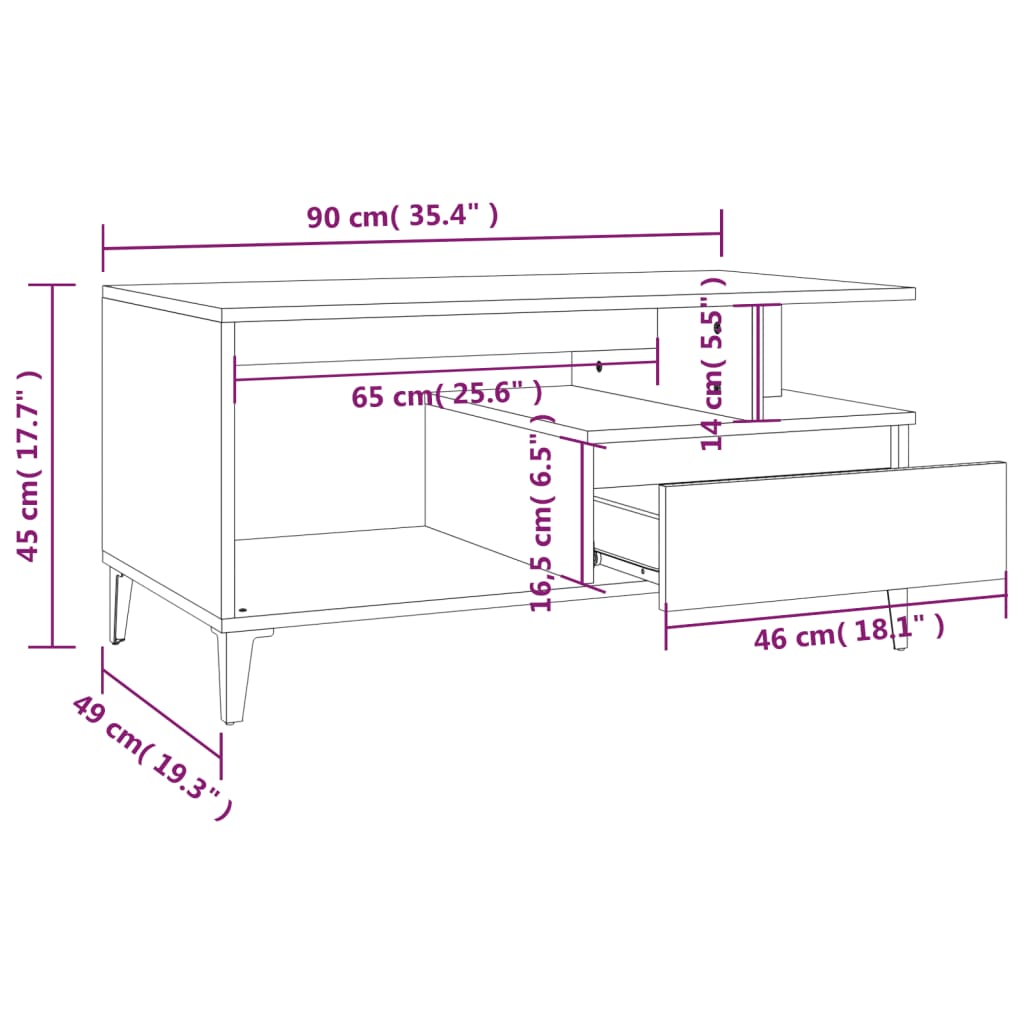 sofabord 90x49x45 cm konstrueret træ betongrå