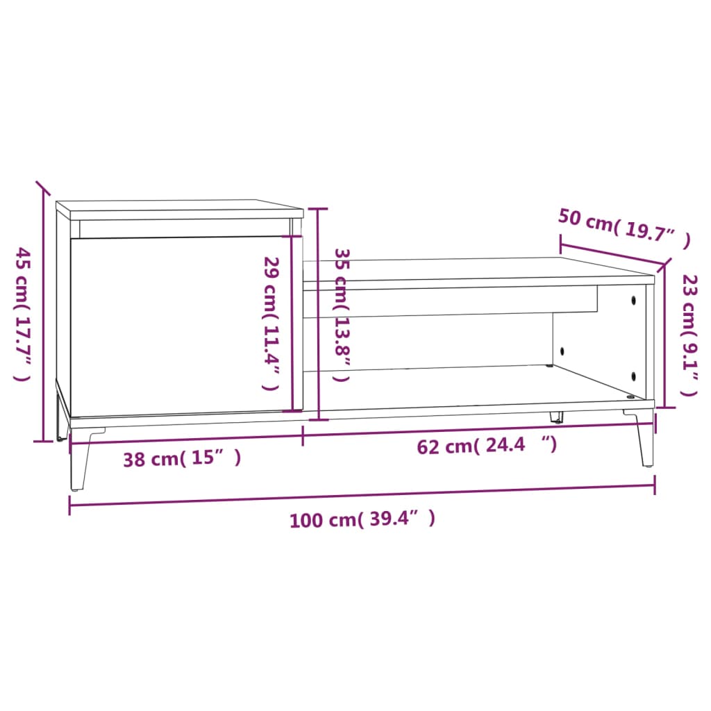 sofabord 100x50x45 cm konstrueret træ hvid højglans