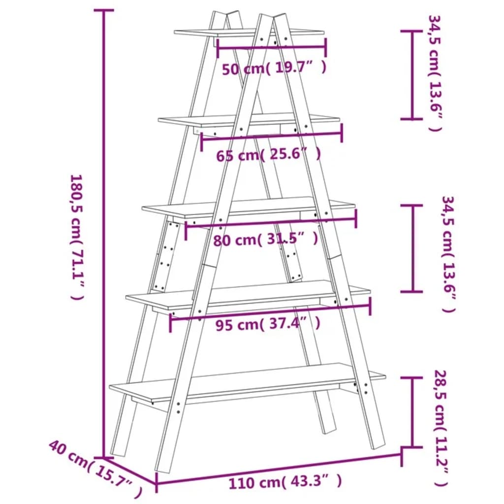 A-formet reol med 5 hylder 110x40x180,5 cm massivt fyrretræ