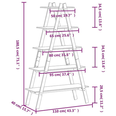 A-formet reol med 5 hylder 110x40x180,5 cm massivt fyrretræ