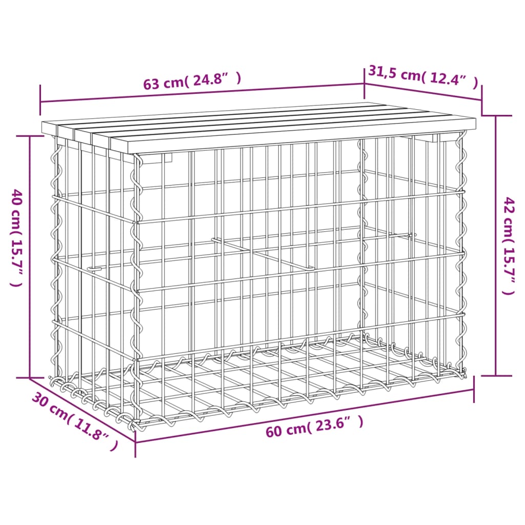 havebænk med gabiondesign 63x31,5x42 cm massivt fyrretræ