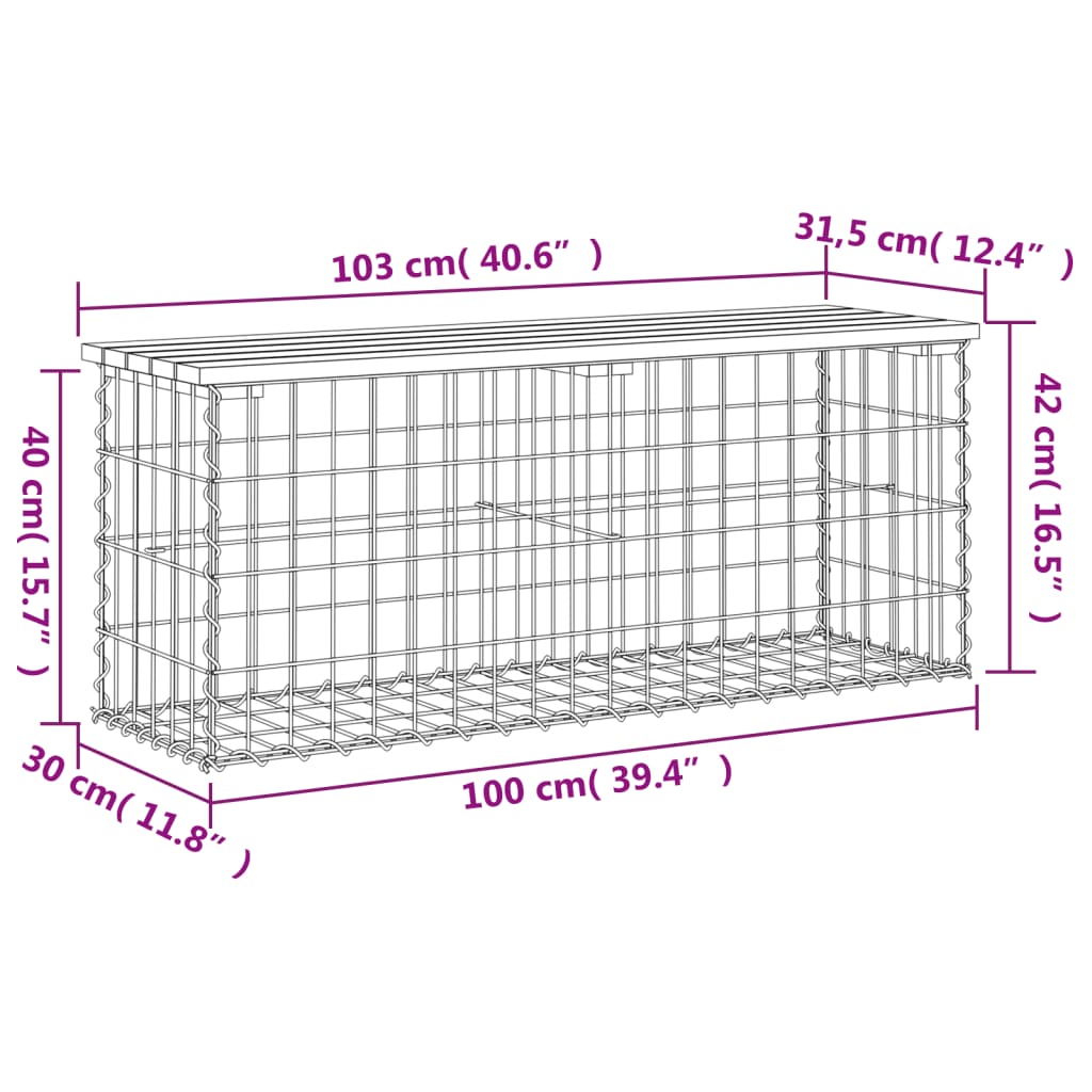 havebænk med gabiondesign 103x31,5x42 cm massivt fyrretræ