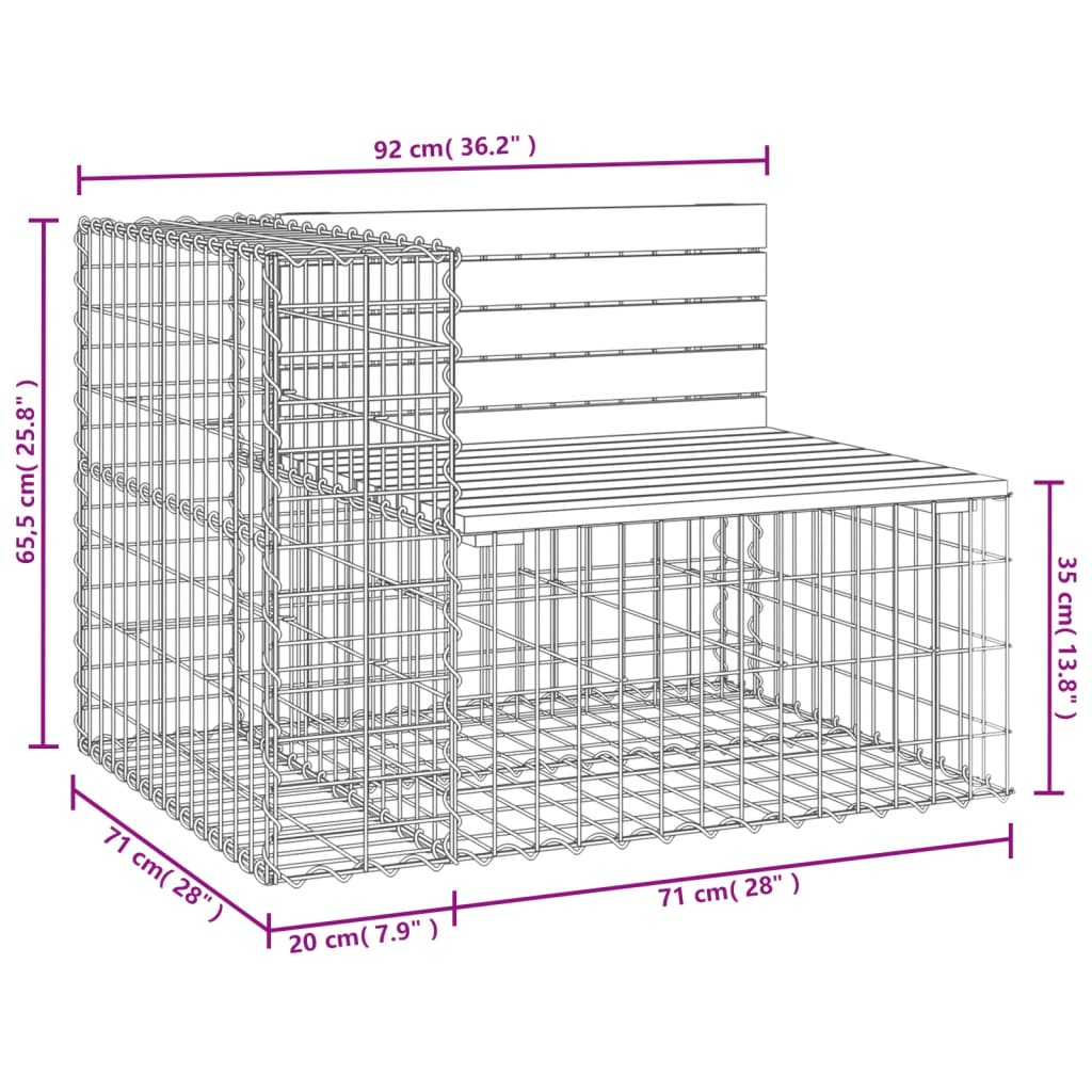 havebænk med gabiondesign 92x71x65,5 cm massivt fyrretræ