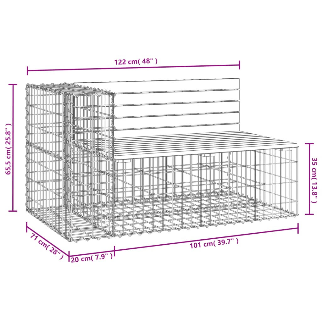 havebænk med gabiondesign 122x71x65,5 cm massivt fyrretræ