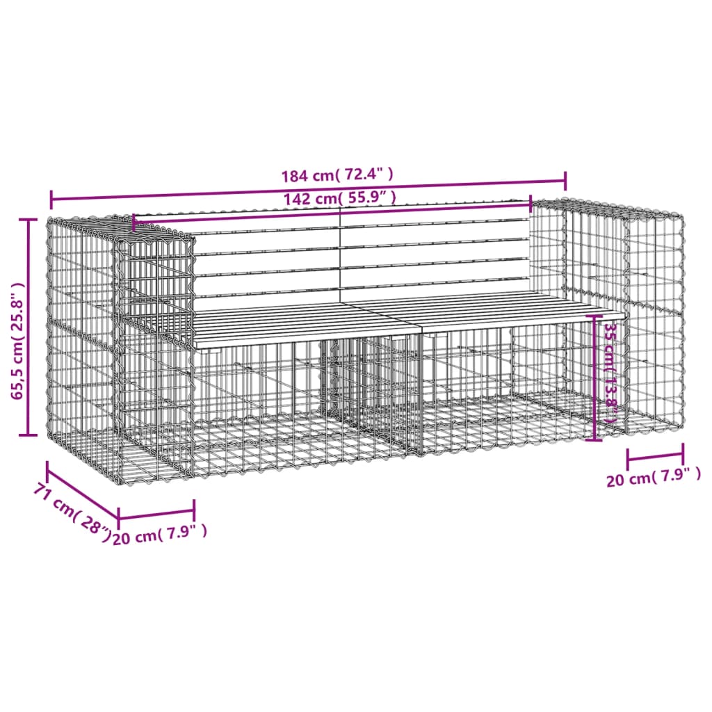 havebænk med gabiondesign 184x71x65,5 cm massivt fyrretræ