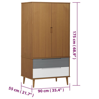 tøjskab MOLDE 90x55x175 cm massivt fyrretræ brun