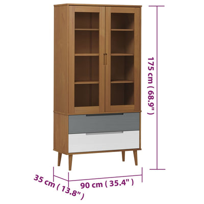 vitrineskab MOLDE 90x35x175 cm massivt fyrretræ brun