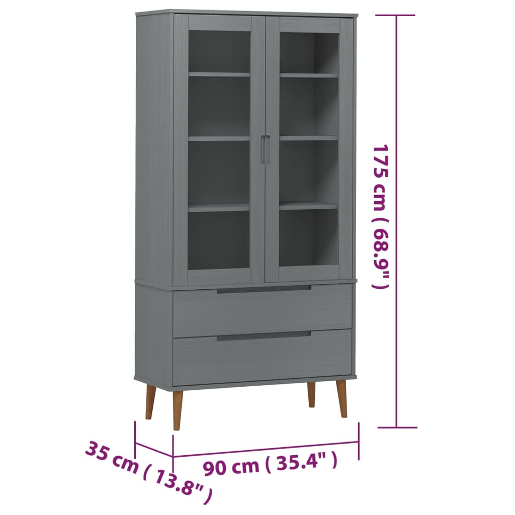 vitrineskab MOLDE 90x35x175 cm massivt fyrretræ grå