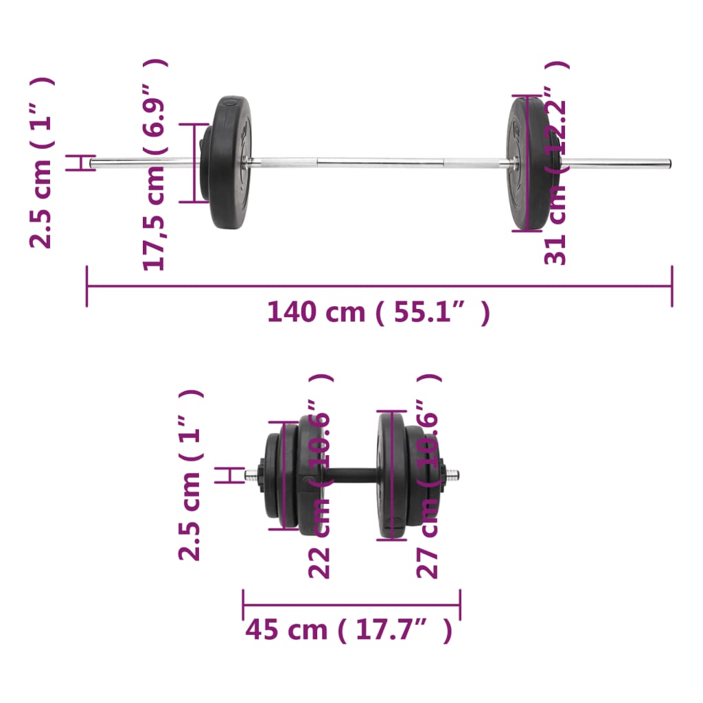 vægtstang og håndvægt med skiver 60 kg