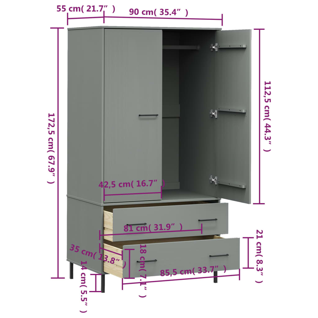 klædeskab med metalben OSLO 90x55x172,5 cm massivt træ grå