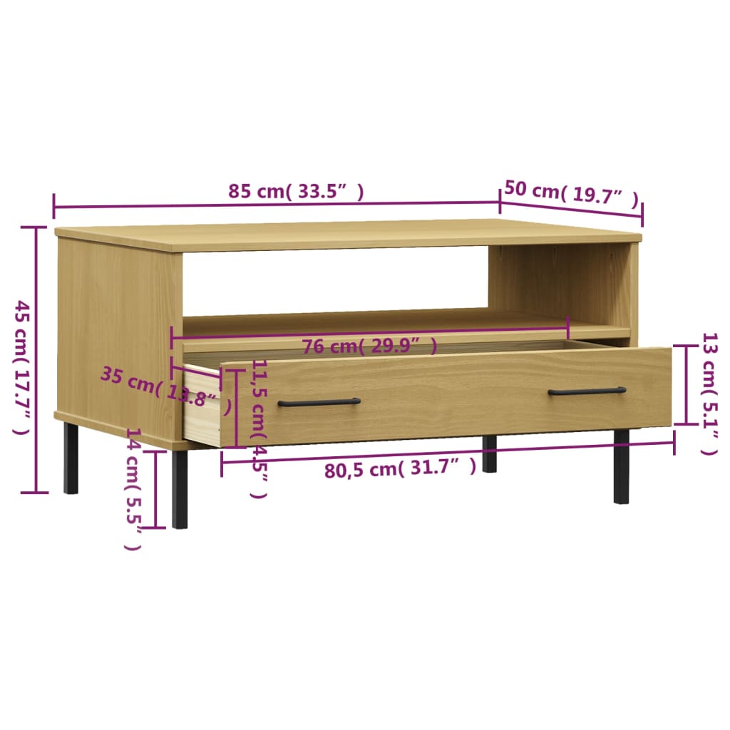 sofabord med metalben OSLO 85x50x45 cm massivt træ brun