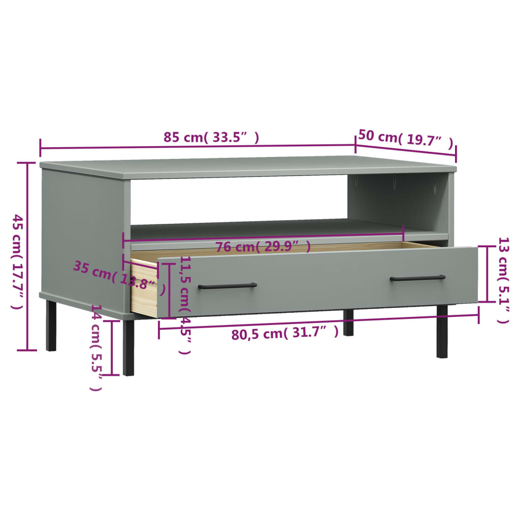 sofabord med metalben OSLO 85x50x45 cm massivt træ grå