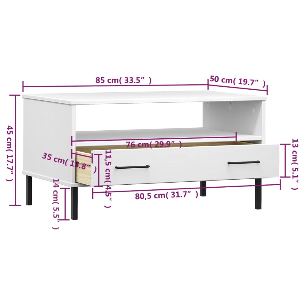 sofabord med metalben OSLO 85x50x45 cm massivt træ hvid