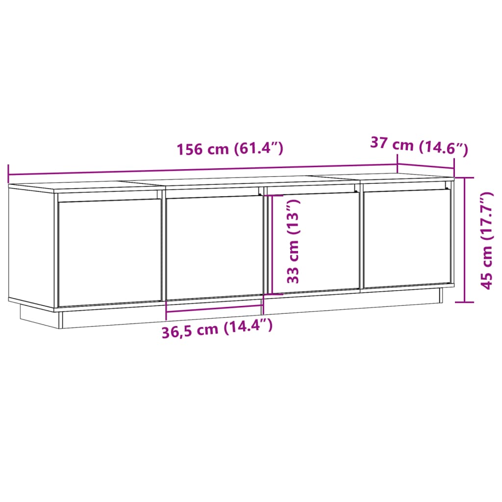 tv-bord 156x37x45 cm massivt fyrretræ hvid