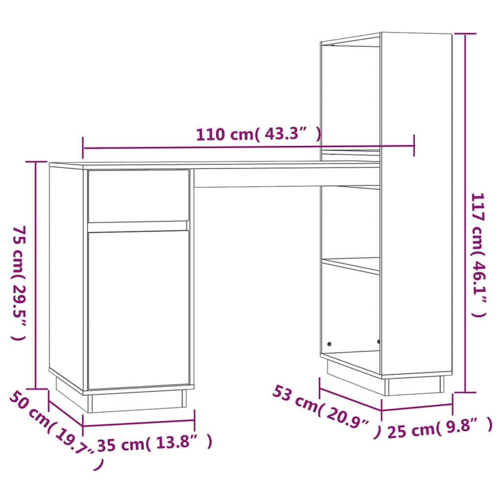 skrivebord 110x53x117 cm massivt fyrretræ sort