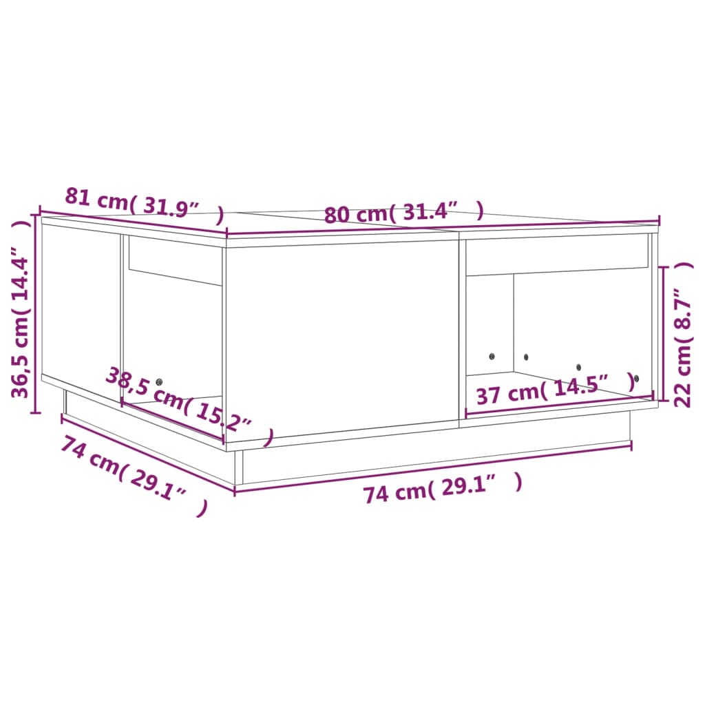 sofabord 80x81x36,5 cm massivt fyrretræ grå