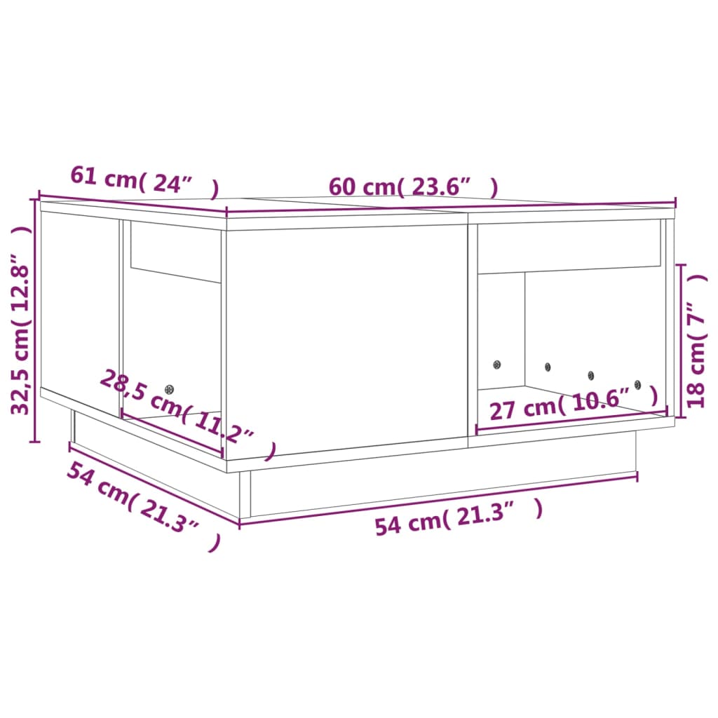 sofabord 60x61x32,5 cm massivt fyrretræ sort