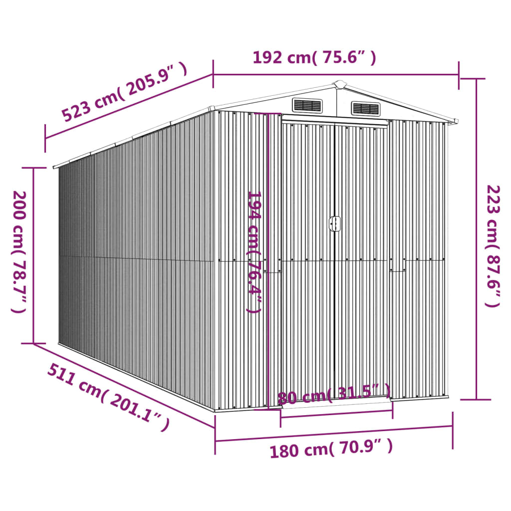 haveskur 192x523x223 cm galvaniseret stål lysegrå