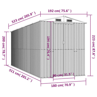 haveskur 192x523x223 cm galvaniseret stål lysegrå