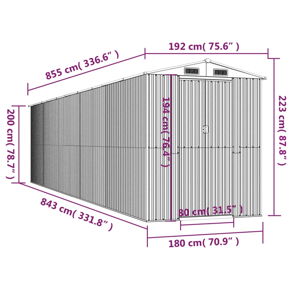 haveskur 192x855x223 cm galvaniseret stål lysegrå