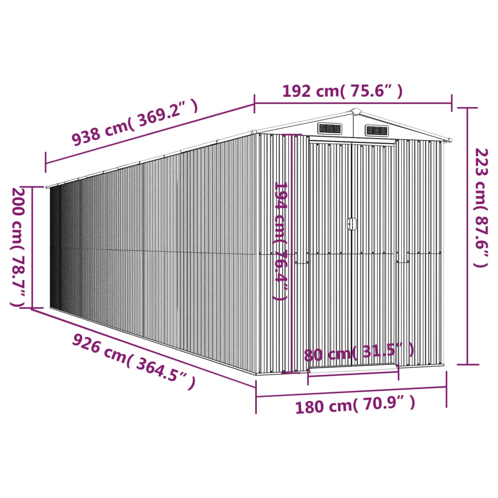 haveskur 192x938x223 cm galvaniseret stål lysegrå